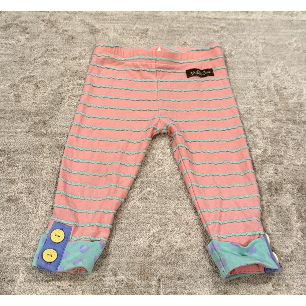 Matilda Jane The Adventure Begins Leggings 6-12 Mo Pink Teal Button Dot Stripe